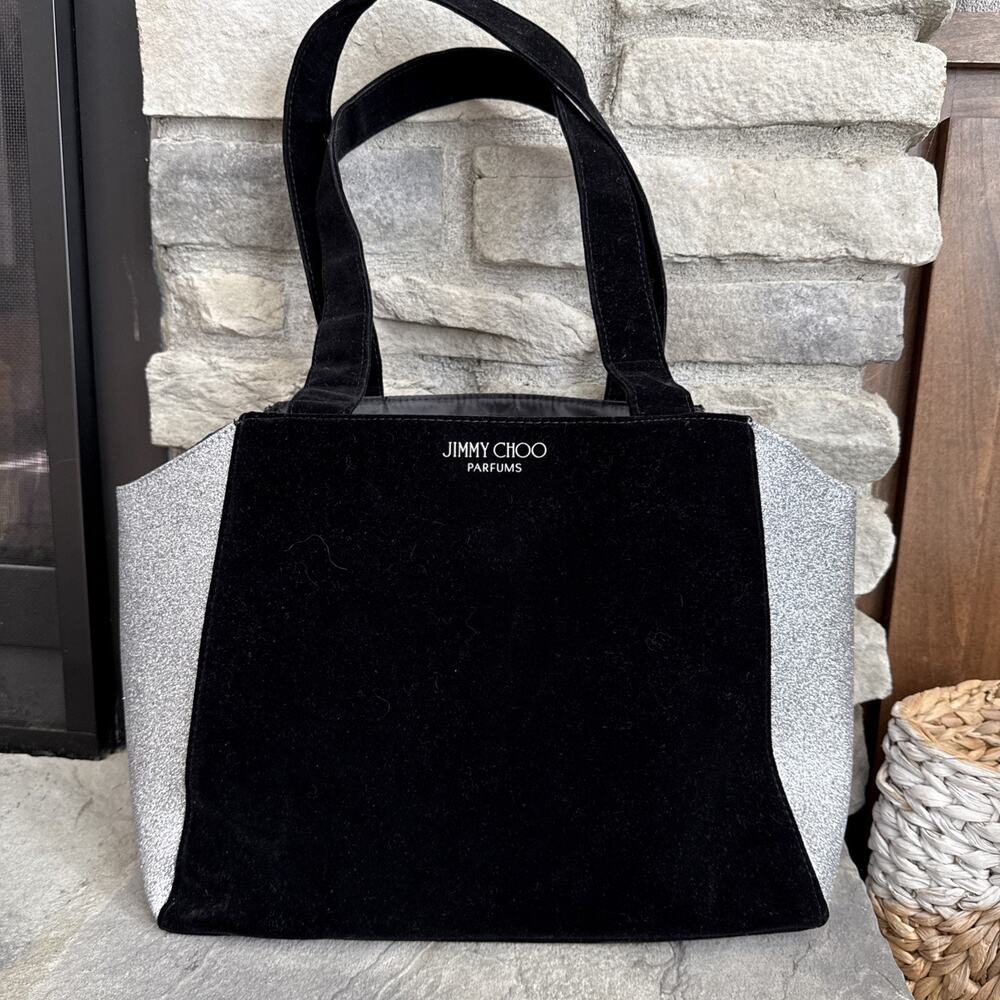Jimmy Choo Tote Bag Black Velvet Silver Glitter Carry Overnight Velvet 15x5x12”